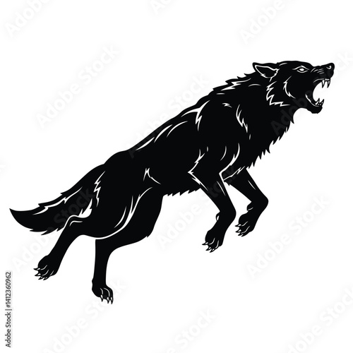 Aggressive Jumping Wolf Silhouette | Black Vector Wild Wolf Clipart for T-shirt, Tattoo, Logo, and Sublimation