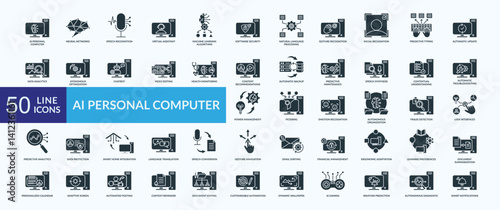 AI personal computer icon collection set with neural network, speech recognition, virtual assistant, gesture recognition, smart notifications
