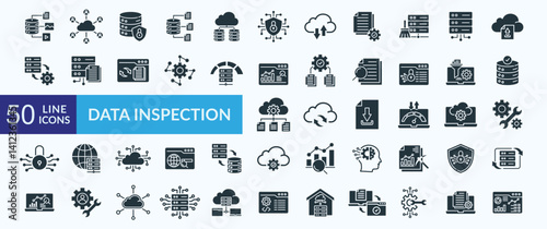 Data inspection icon collection set with database, data center, network security, web hosting, data protection,