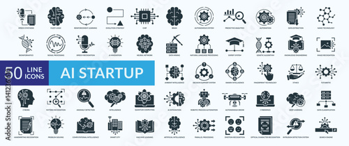 AI startup icon collection set with speech synthesis, fuzzy logic, reinforcement learning, evolution strategy, autonomous system
