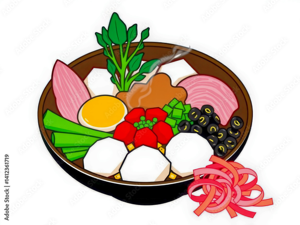 A bowl of food with a variety of ingredients including meat, vegetables, and noodles. The bowl is brown and has a lot of different colors and textures. Scene is appetizing and inviting