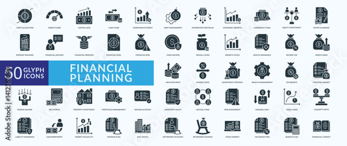 Financial planning icon collection set with asset allocation, credit score, capital gain, equity investment
