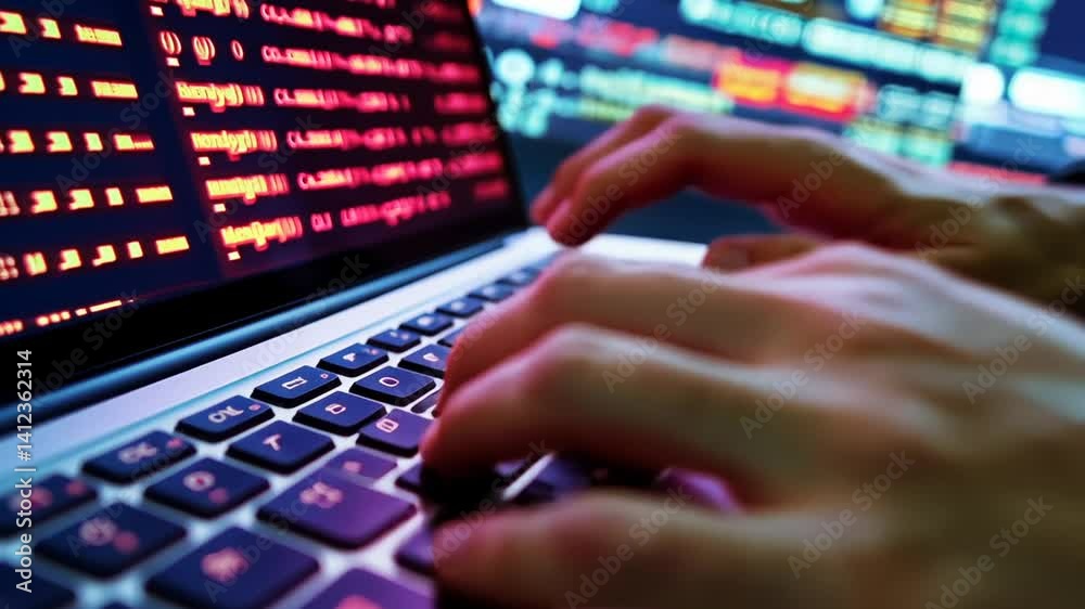 Close-up of hands typing on a laptop with a screen displaying complex code in red Close-up of hands typing on a laptop with a screen displaying complex code in red