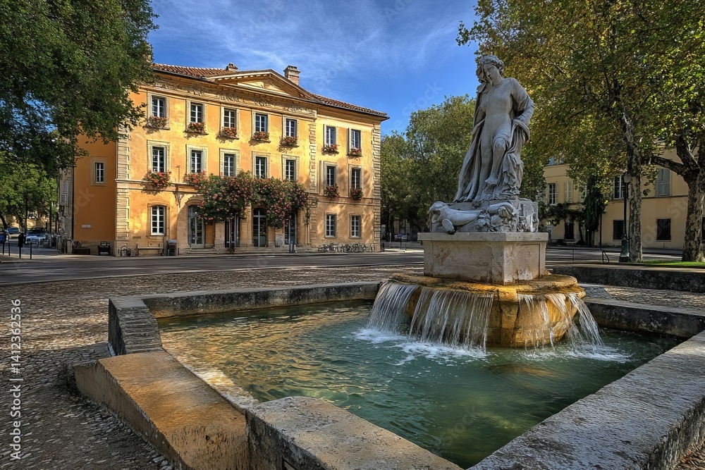 Naklejka premium Salon-de-Provence in France is home to a city hall building that includes a fountain