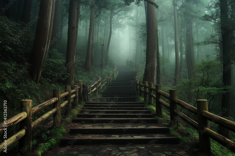 Obraz premium A photo of a redwood forest with numerous trees and stairs leading up to it. The forest is beautiful, with a green, mossy ground and a path in the middle of the frame 