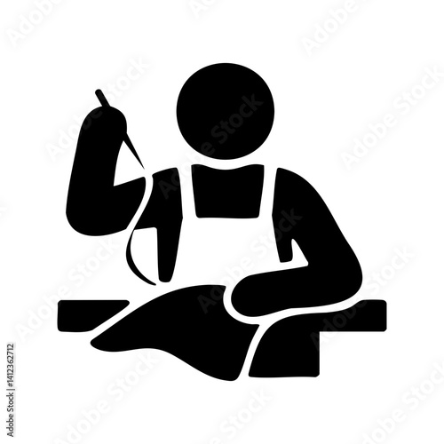 Silhouette icon of tailor sewing fabric by hand