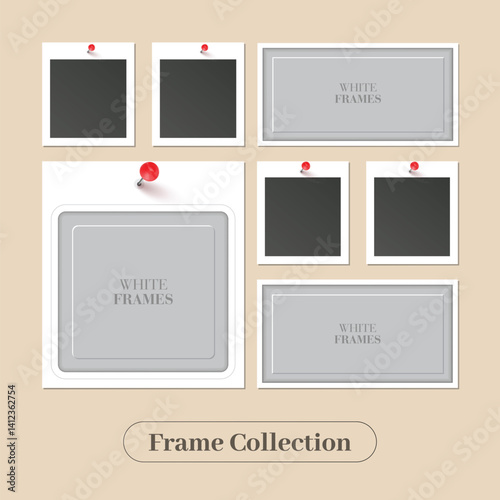 Realistic empty photo card frame set. photograph with transparent adhesive tape and paper clip. Digital 3d realistic style template or mockup