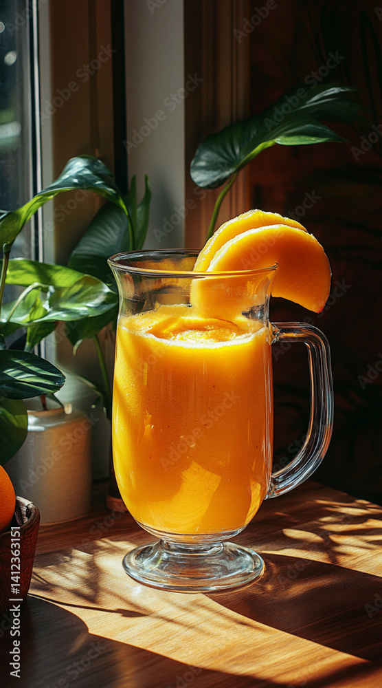 mango banana and orange juice to a blender, glowing in sunlight on a wooden table, summer aesthetic, minimal shadows, high detail, food photography