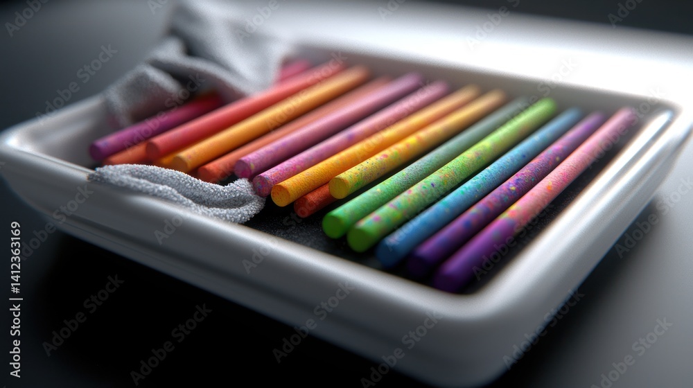 Naklejka premium Colorful crayons in white tray, cloth napkin, studio shot