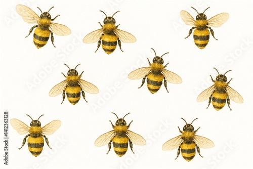 Seamless watercolor pattern with full honeybees on a clean white background. Realistic and detailed, perfect for packaging, stationery, and spring design.
