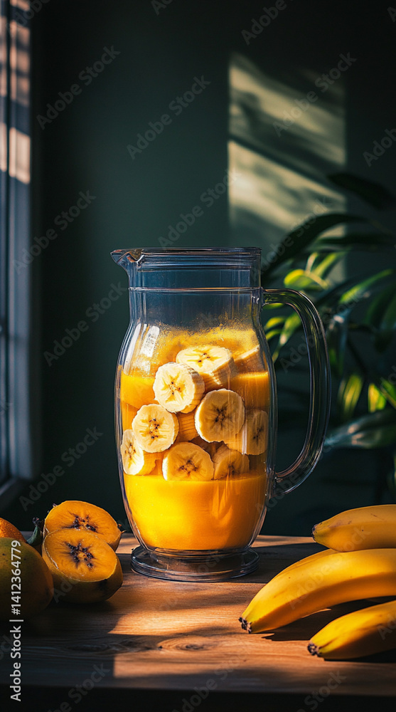 mango banana and orange juice to a blender, glowing in sunlight on a wooden table, summer aesthetic, minimal shadows, high detail, food photography
