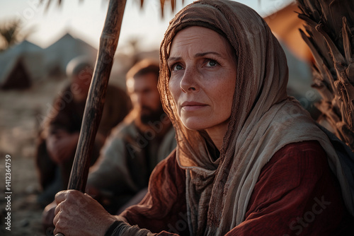 A highly detailed, realistic cinematic scene of Deborah, the female judge and prophetess from the Bible, seated beneath a large palm tree known as the 