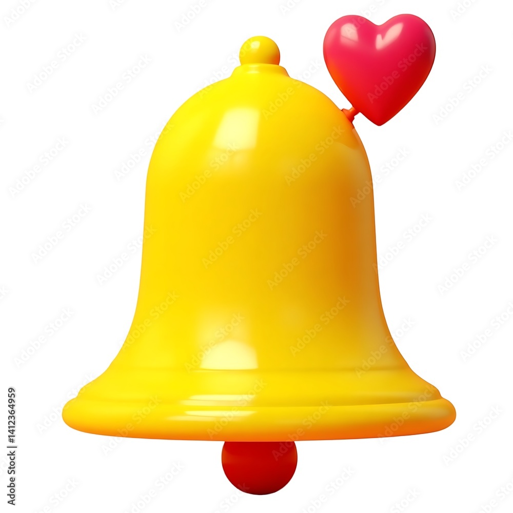 Cute yellow bell with red heart 3D render on white background Cute yellow bell with red heart 3D render on white background