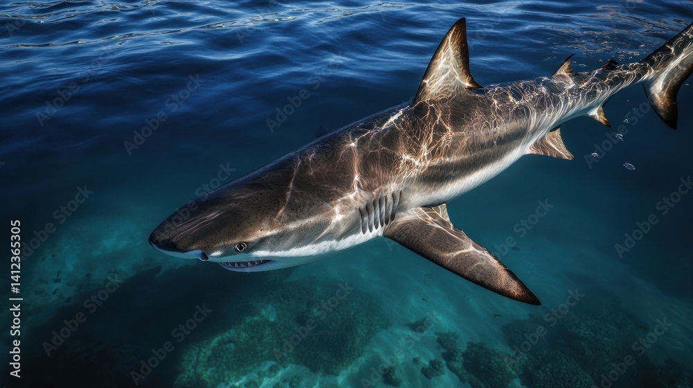 Fototapeta premium Shark swimming underwater over coral reef