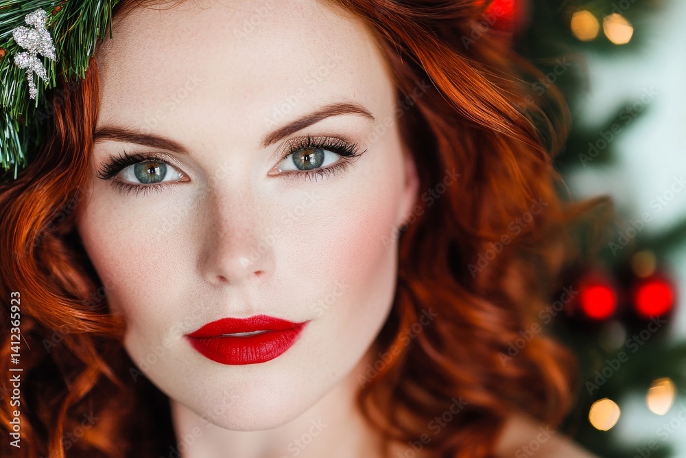 Fototapeta premium The image portrays a beautiful young woman with a Christmas wreath, displaying a festive hairstyle and makeup for the New Year and Christmas holidays, set against a white background and featuring