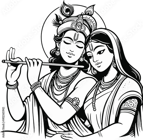 Radha krishna, timeless black and white illustration perfect for wedding invitations, posters, home decor, and spiritual designs