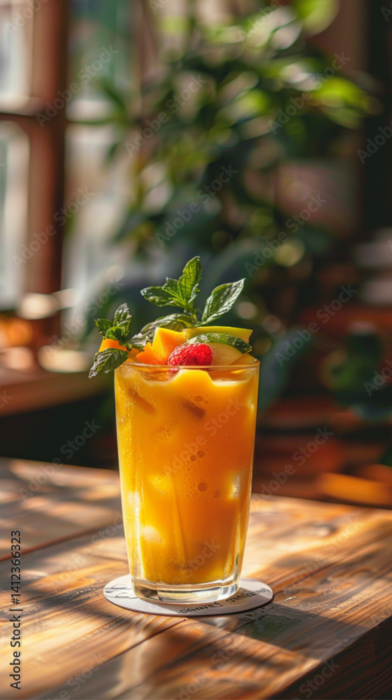 a vibrant tropical smoothie in a glass, bright yellow color, made with mango, banana, and orange juice, fresh fruit garnishes, glowing in sunlight on a wooden table, summer aesthetic