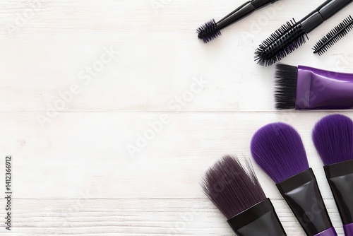 Hairdressing equipment is arranged on a wooden surface with empty space in the middle for text or images
