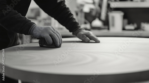 Carpenter sanding a wooden tabletop in a workshop. Craftsmanship and finesse
