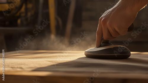 Carpenter sanding a wooden tabletop in a workshop. Craftsmanship and finesse