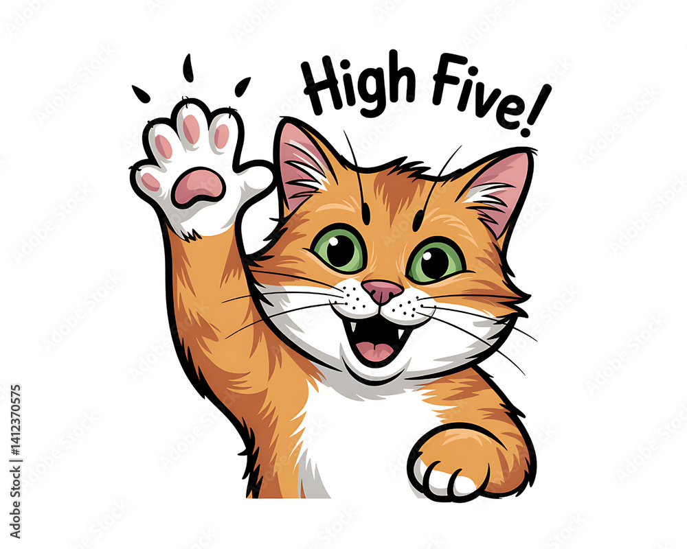 Obraz premium A cheerful orange cat gives a high five, expressing friendliness and playful energy.
