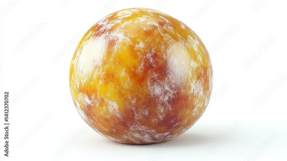 Fototapeta premium Round, vibrant, sweet fruit, likely a plum or similar stone fruit. Its surface displays a mottled pattern of orange and yellow hues, with hints of white frost-like icing
