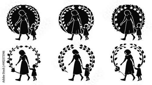 A mother and child walking hand in hand framed by a leafy circular design symbolizing family growth and love Elegant