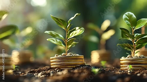 Young plants growing from stacks of coins in a sunlit garden, symbolizing financial growth and investment