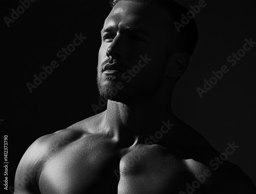 A muscular young male athlete with a strong physique poses shirtless in a black and white studio photograph set against a black background, symbolizing fitness and willpower