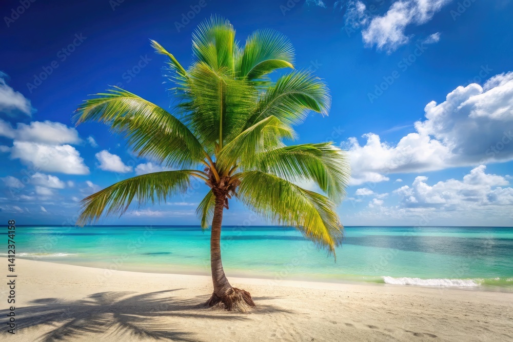 Fototapeta premium Serene Beach Palm Tree Ocean View - Urban Exploration Photography