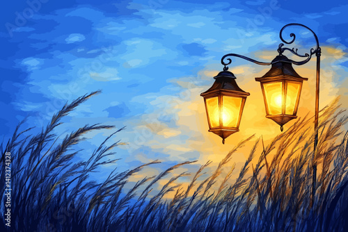 Street lamp landscape illustration 