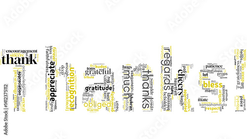 word cloud centered on "Thanks," filled with expressions of gratitude and appreciation. Ideal for thank-you cards, holidays, social media, and inspirational content