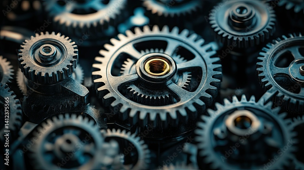 Close-up of iron mechanical gears in motion against a dark background, symbolizing engineering and mechanics Close-up of iron mechanical gears in motion against a dark background, symbolizing engineering and mechanics