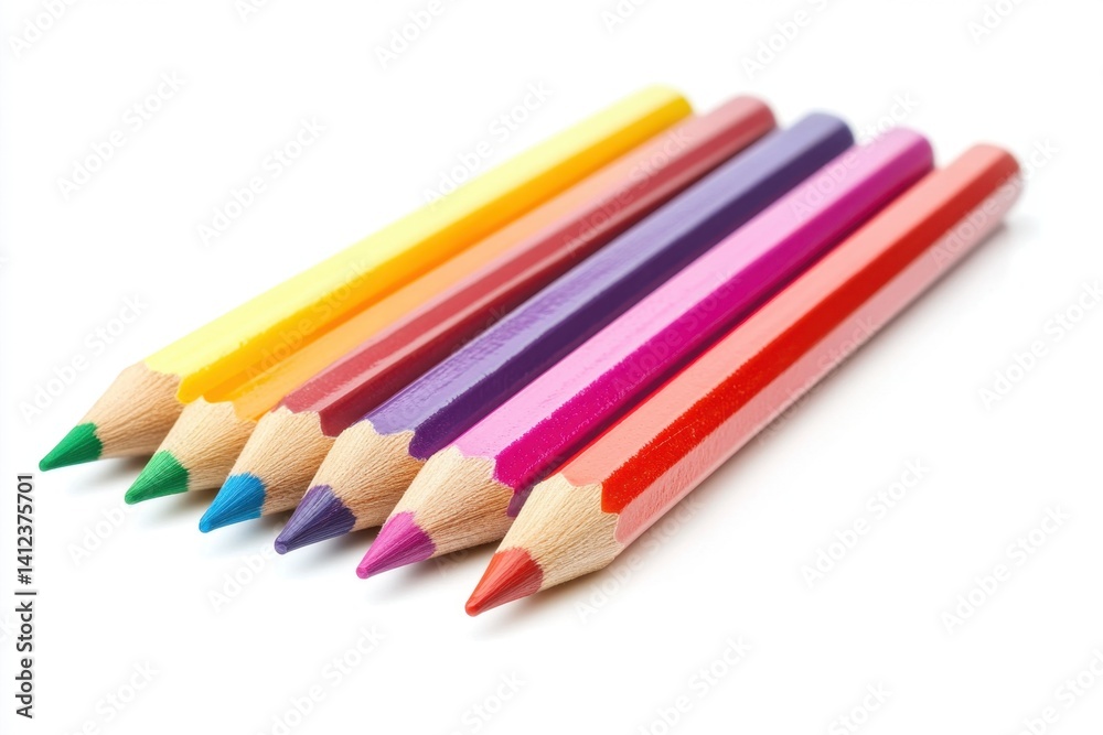 A collection of colorful pencils arranged neatly on a white background, perfect for showcasing creativity, art supplies, and vibrant artistic expression. A collection of colorful pencils arranged neatly on a white background, perfect for showcasing creativity, art supplies, and vibrant artistic expression.