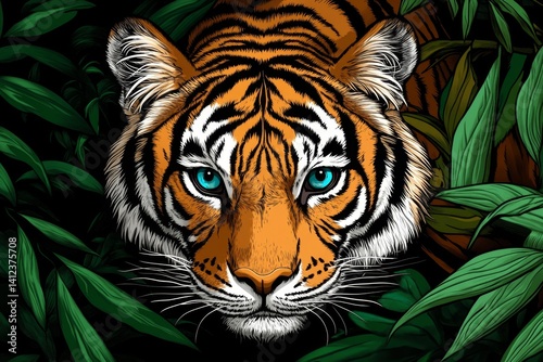A Panthera (8-bit pixel-art tiger) prowling through a jungle, pixelated leaves swaying