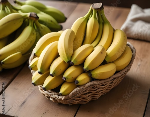 Closeup of a bundle of bananas in natural light,Bananas on a wooden table.