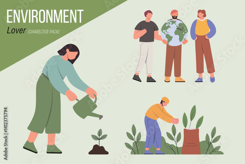 Environment Day Flat Character Illustration Set | Eco Friendly People Planting Trees, Cleaning Parks, and Saving Earth Vector