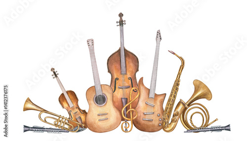 Watercolor wind and string instruments illustration isolated background. Hand painted double bass, saxophone, French horn, guitar composition for greeting cards, concert invitations, posters