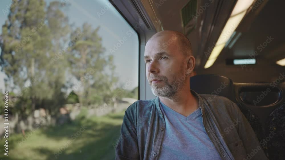 A middle-aged bald man in a shirt sits by the train window, gazing at passing rural landscapes during his suburban rail journey. Regional public transport's role in connecting