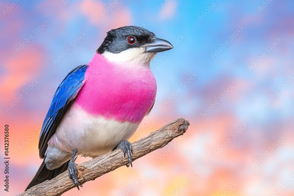 Fototapeta premium A bird perched on a thin tree branch, silhouetted against a vibrant sunset sky