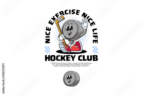 hockey puck retro cartoon character mascot illustration with walking pose, holding hockey stick and showing ok hand for hockey sport club, hockey tournament mascots and merchandise