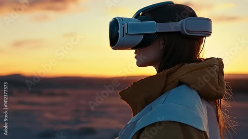 Young woman wearing virtual reality headset at sunset in a serene landscape, exploring new worlds