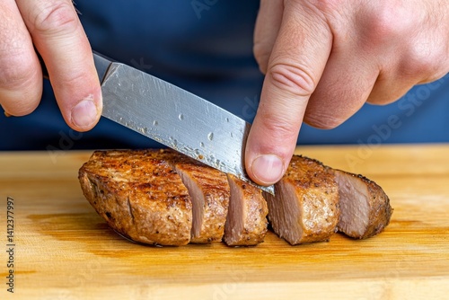 A chef slicing a fresh porcini mushroom, preparing a gourmet dish