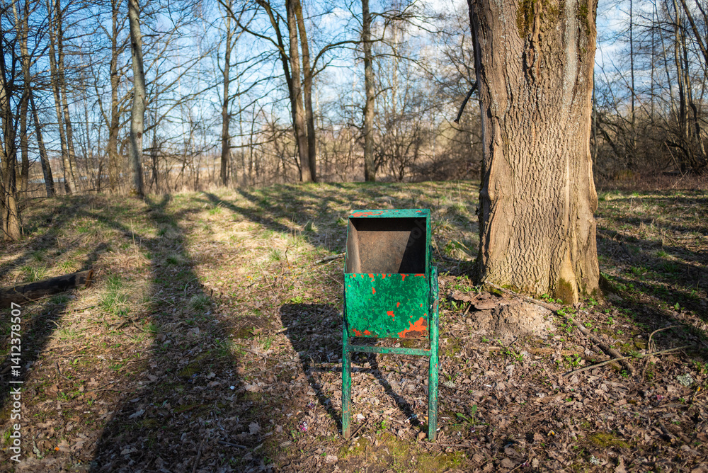 A green box is sitting in the middle of a forest. The box is empty and has a rusted appearance. The scene is quiet and peaceful, with the box standing out against the natural surroundings