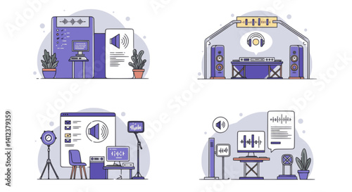 Purple And Blue Sound Studio Illustrations Digital Audio Workstations And Mixing Consoles