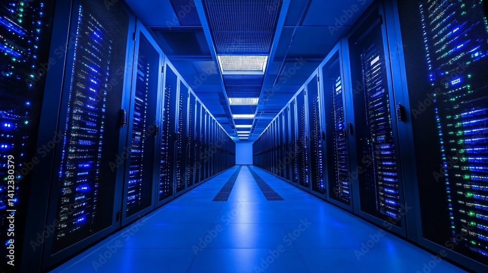 Fototapeta premium Server room with rows of computer servers illuminated in blue light.