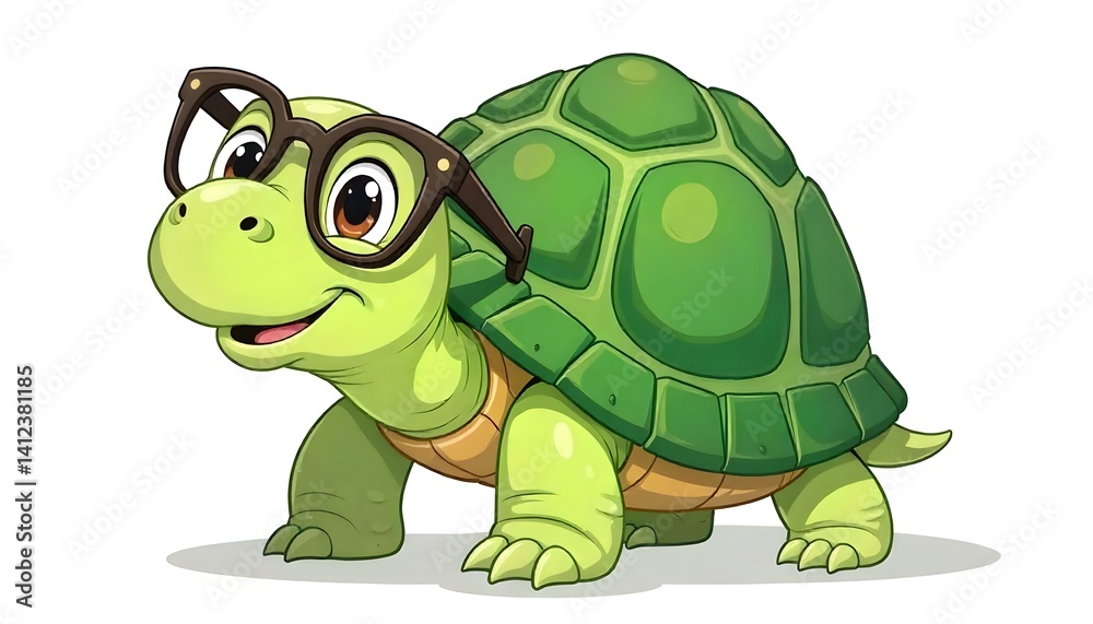 Fototapeta premium A green cartoon turtle wears glasses and smiles, ready to learn something new.