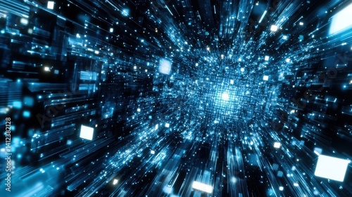 Dynamic Abstract Blue Light Burst with Grid and Data Particles