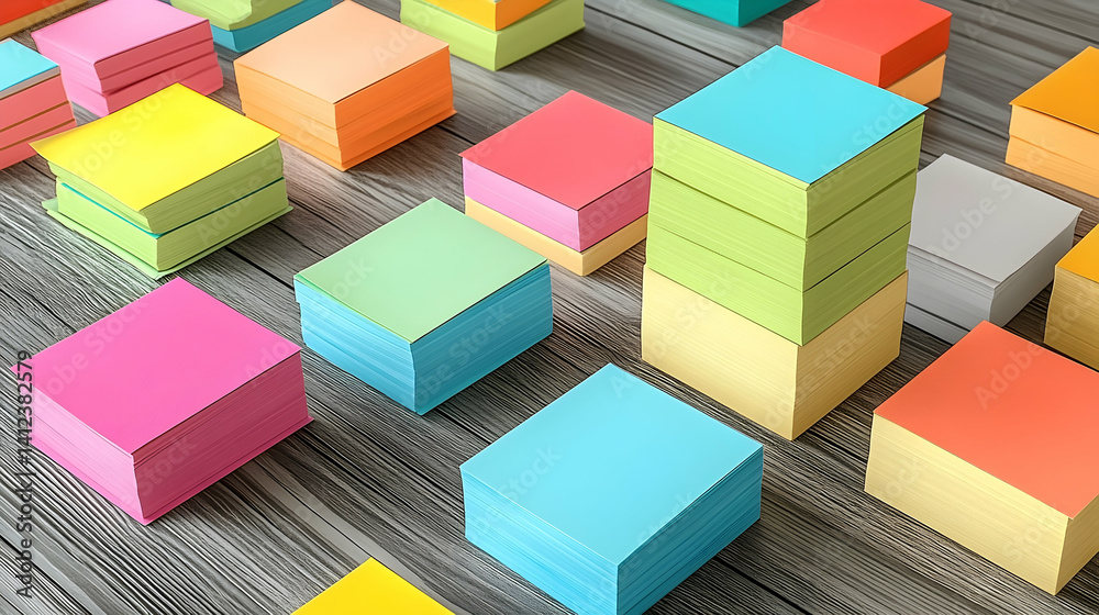 Colorful sticky notes scattered on a wooden table, creating an organized yet vibrant workspace atmosphere Colorful sticky notes scattered on a wooden table, creating an organized yet vibrant workspace atmosphere