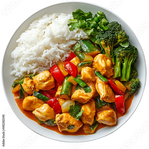 A plate of Asian food featuring chicken in yellow Thai curry sauce, accompanied by vegetables and rice, isolated on fully transparent png background